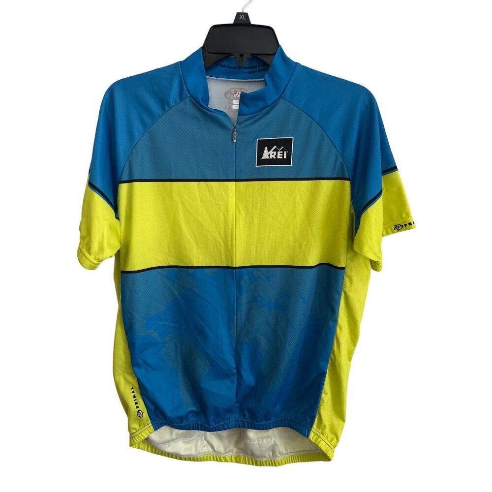 Primal REI Mens Cycling Jersey Large Blue/Yellow Polyester Short Sleeve